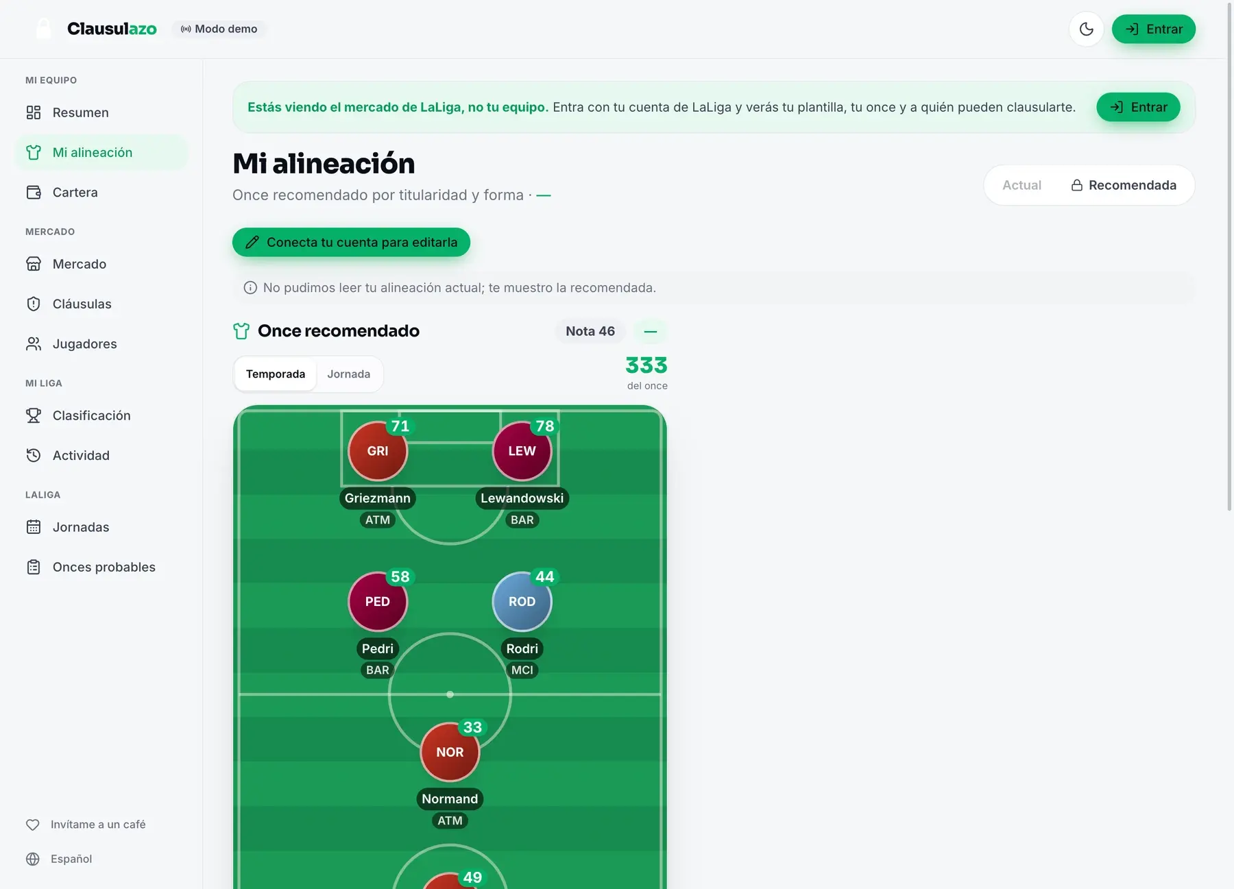Pantalla de Alineación de Clausulazo