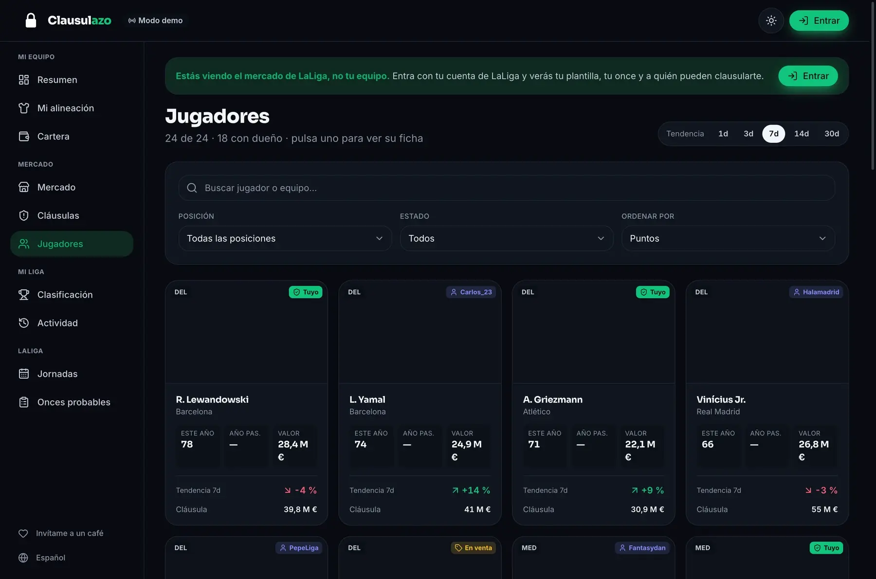 Pantalla de Jugadores de Clausulazo
