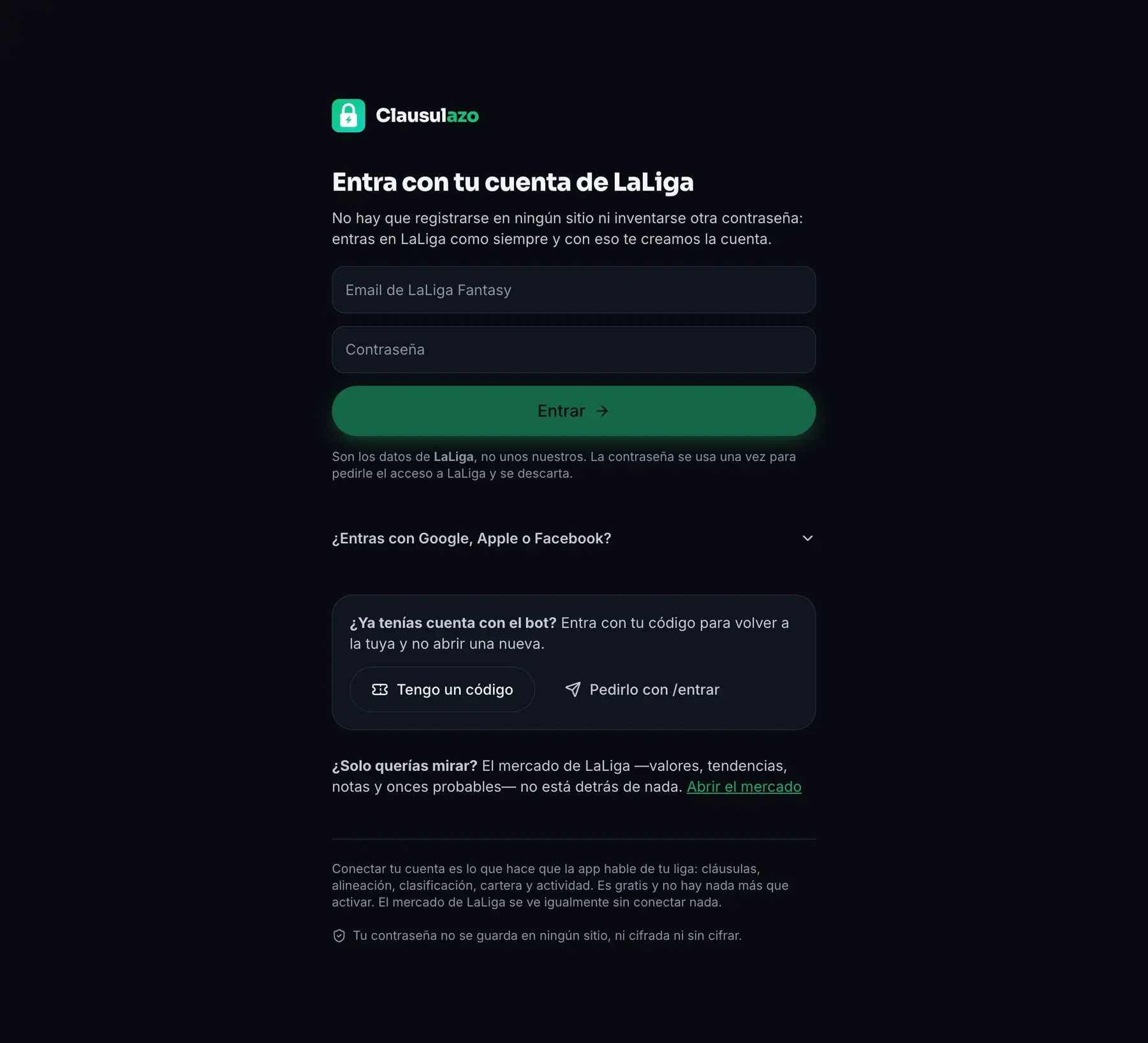 Formulario para entrar con la cuenta de LaLiga Fantasy