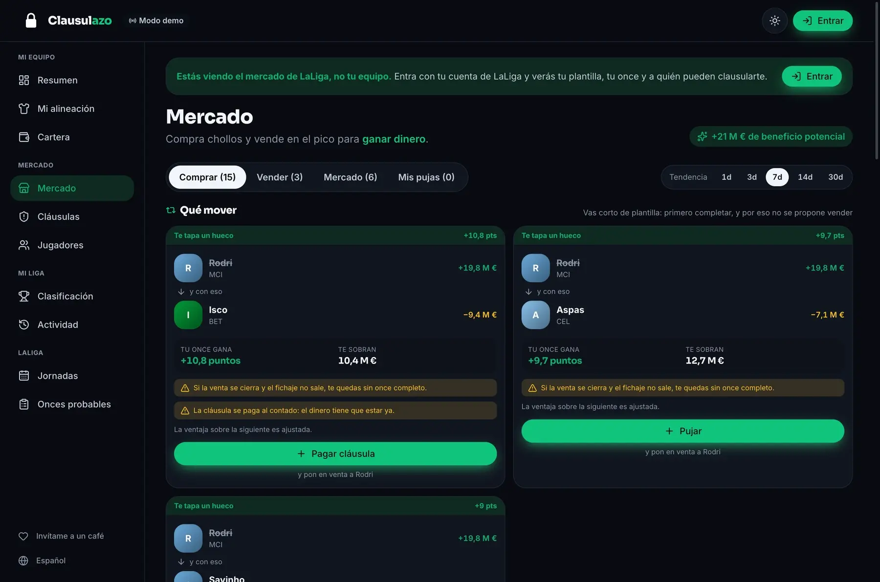Pantalla de Mercado de Clausulazo
