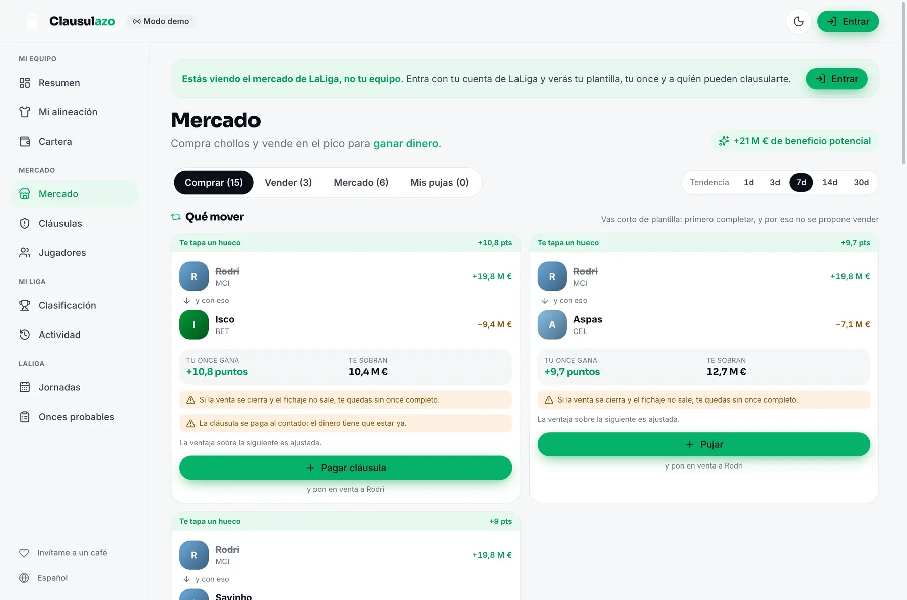 Pantalla de Mercado de Clausulazo