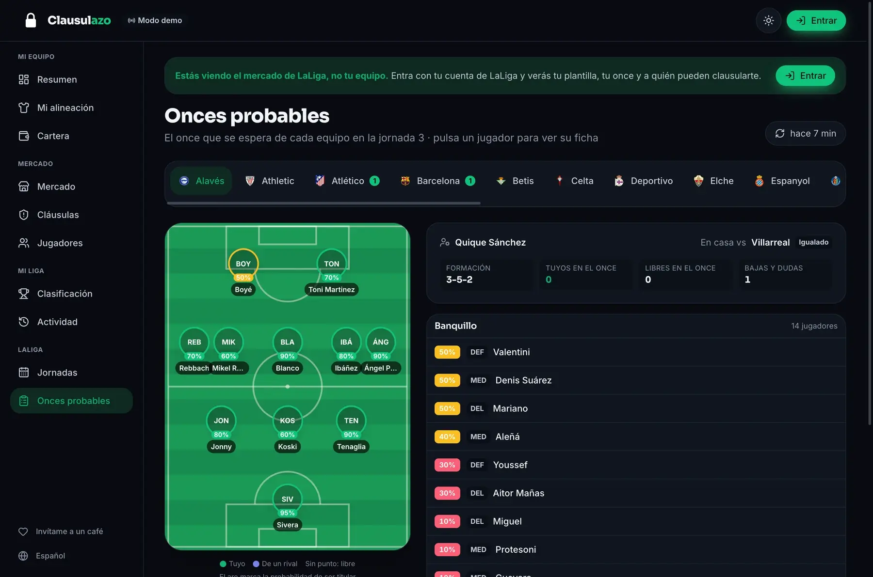 Pantalla de Onces probables de Clausulazo