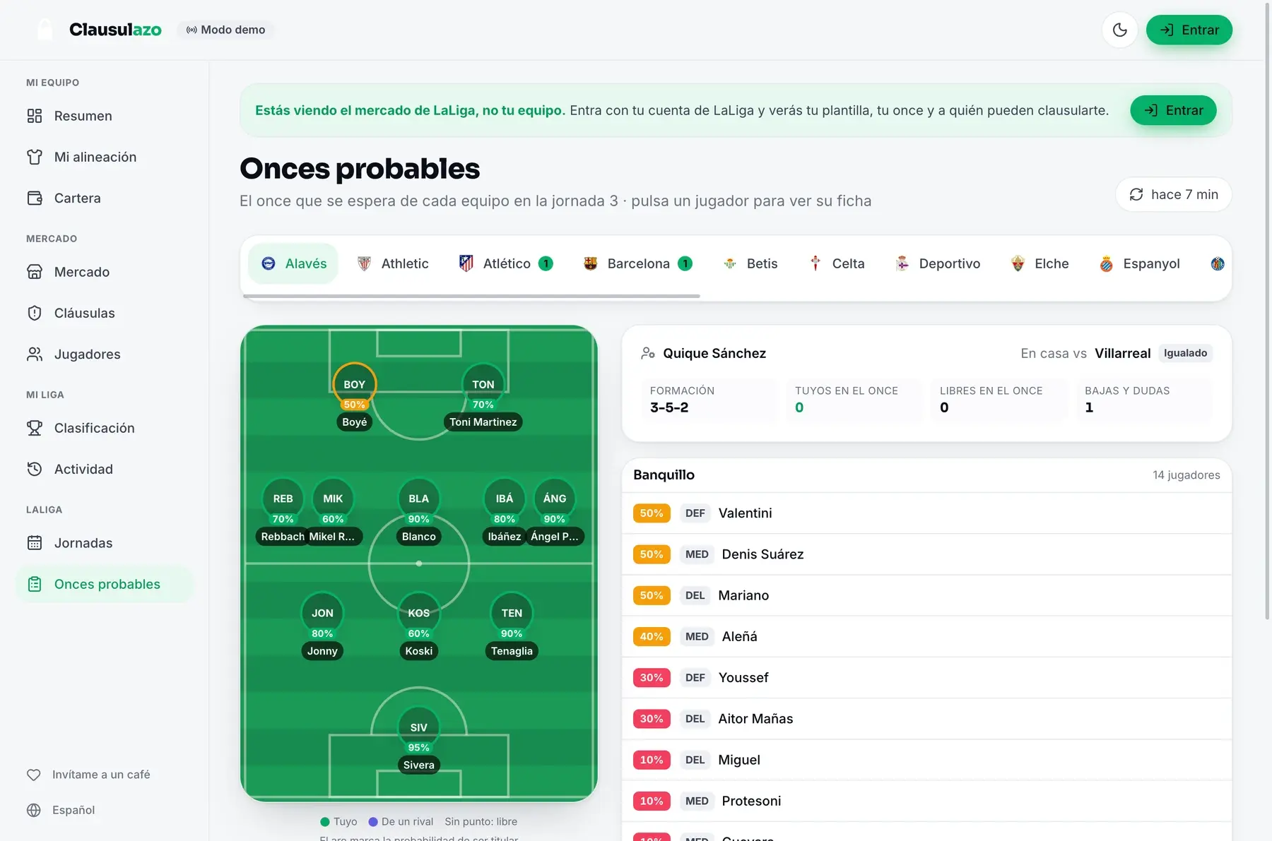 Pantalla de Onces probables de Clausulazo