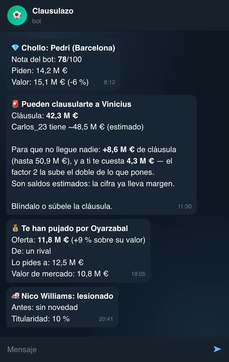 Ejemplos de avisos del bot en Telegram: chollo, riesgo de cláusula, puja recibida y lesión