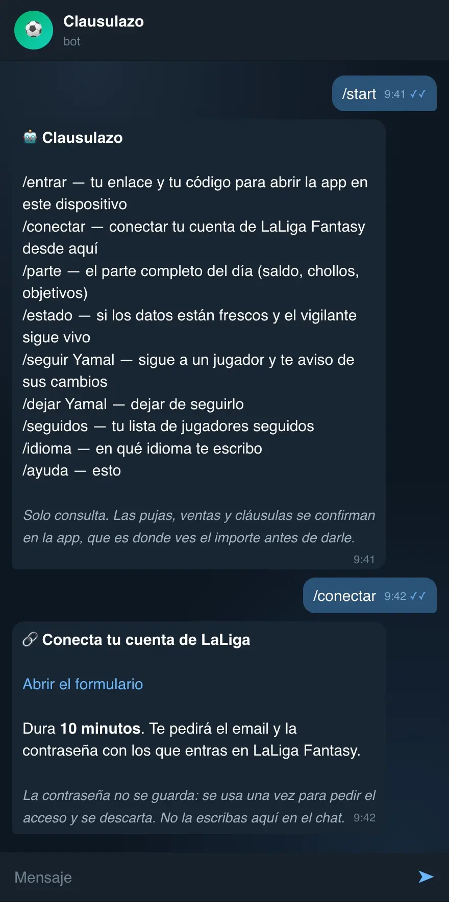 Chat de Telegram con los comandos del bot