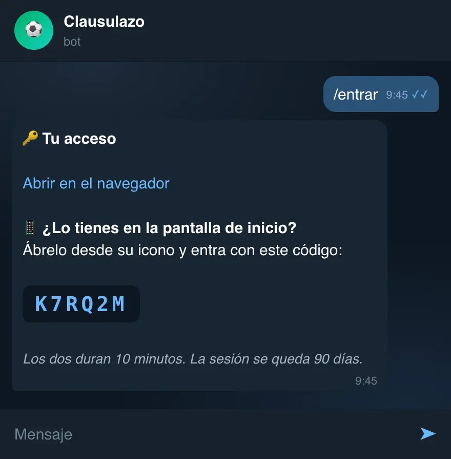 Mensaje del bot con el enlace de acceso y el código de 6 caracteres