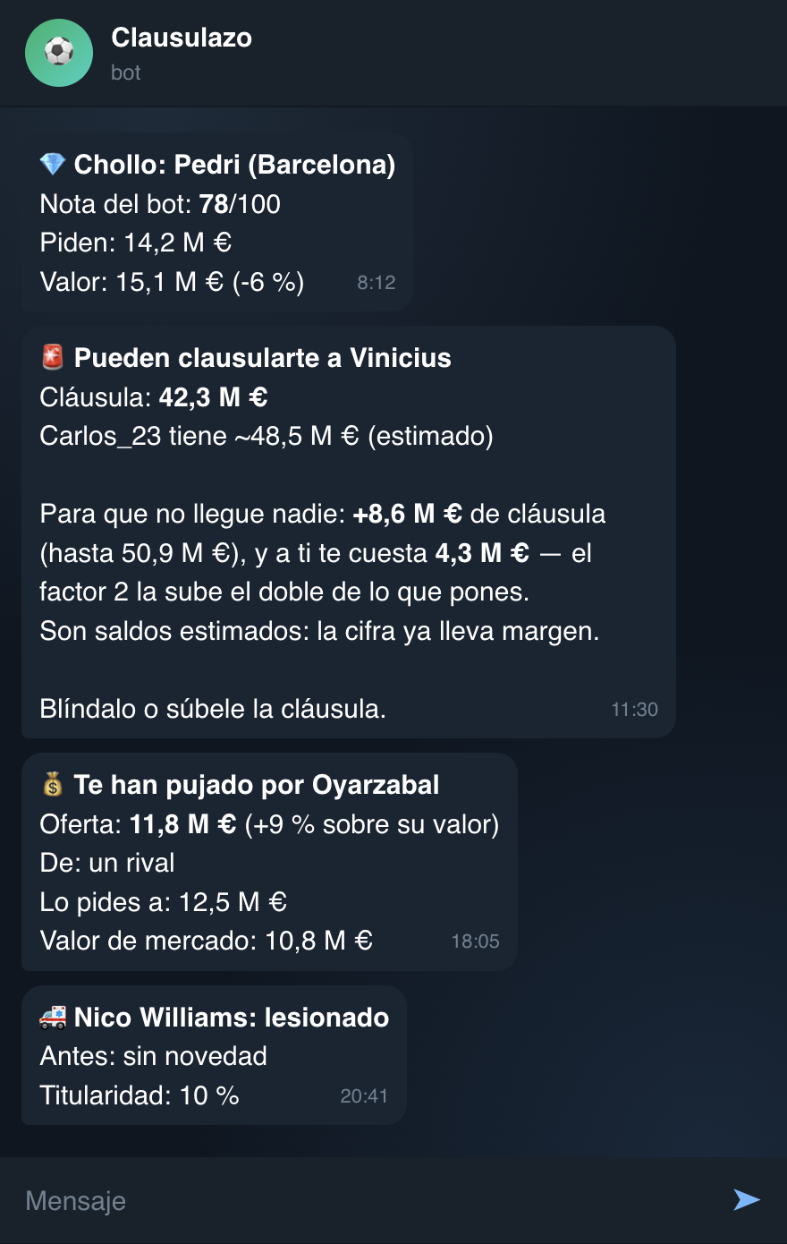 Ejemplos de avisos del bot en Telegram: chollo, riesgo de cláusula, puja recibida y lesión