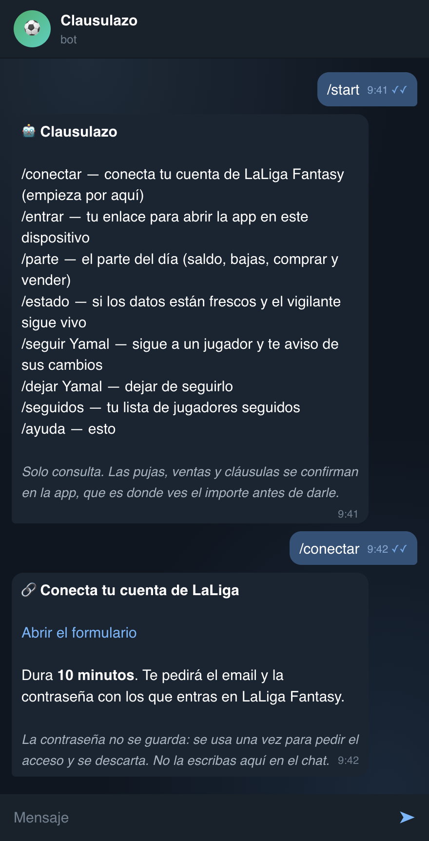 Chat de Telegram con los comandos del bot y el enlace para conectar la cuenta